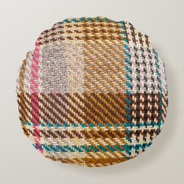 Brown chequered fabric, Scottish wool. Round Pillow (Front)