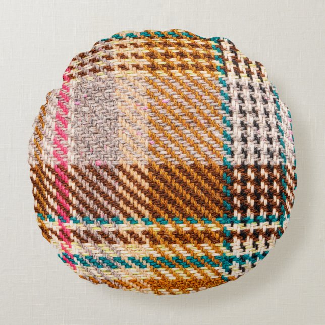 Brown chequered fabric with coloured threads. Scot Round Pillow (Front)