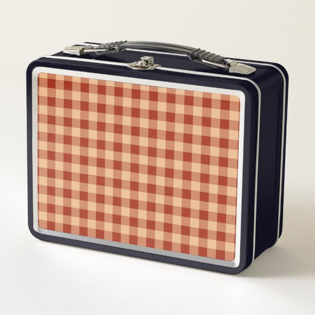 Brown Chequered Gingham Pattern Metal Lunch Box (Front)