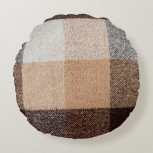 Brown chequered wool plaid fabric texture. tartan round pillow
