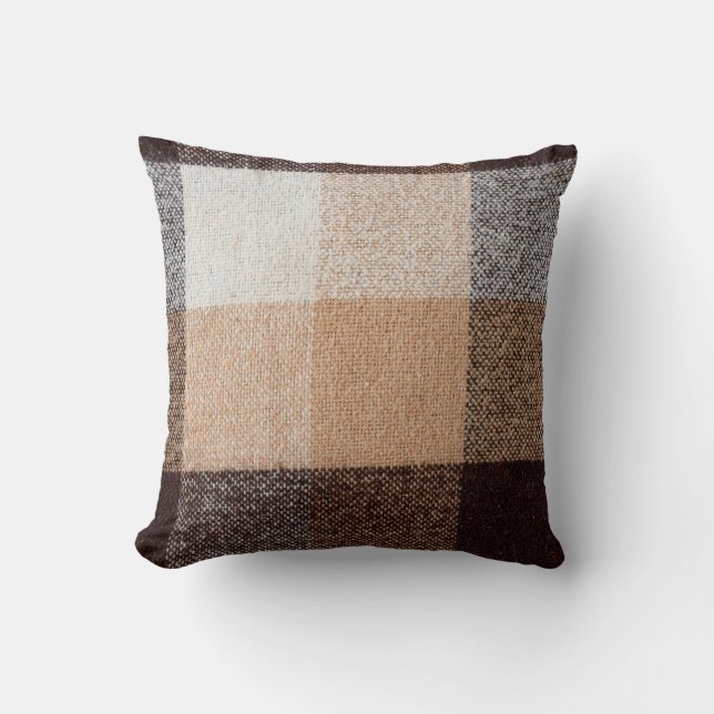 Brown chequered wool plaid fabric texture. tartan  throw pillow (Front)