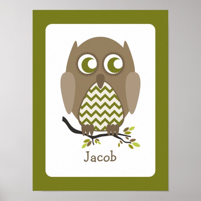 Brown Chevron Owl Personalized Nursery Artwork Poster (Front)