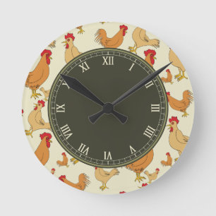 Brown Chicken and Roosters Roman Numbered Round Clock