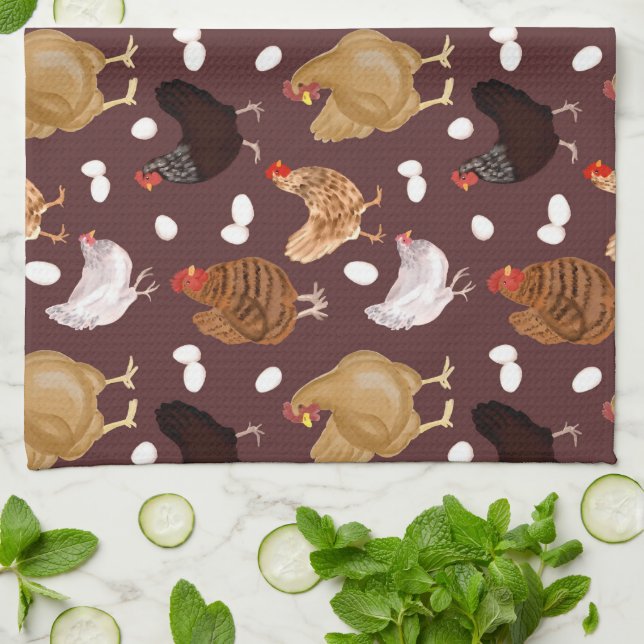 Brown Chicken and the Eggs Pattern Kitchen Towel (Folded)
