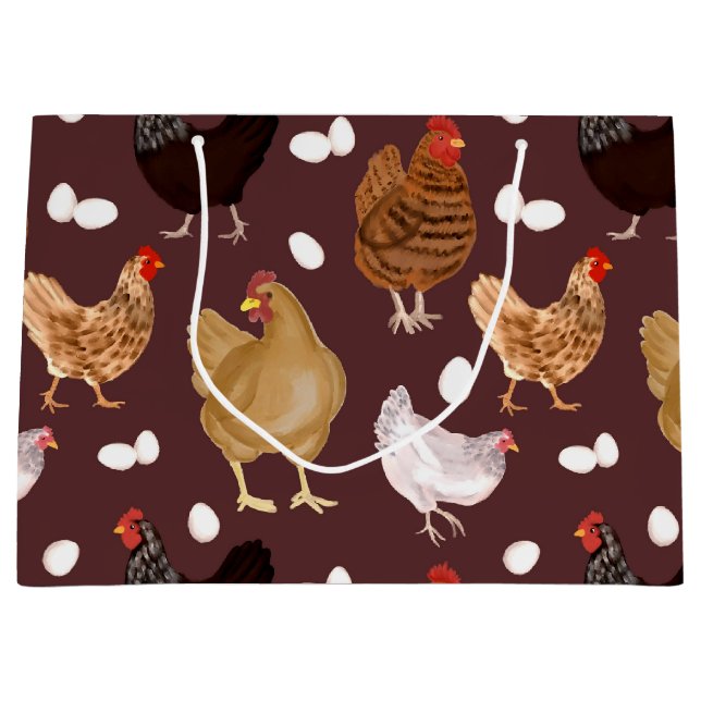 Brown Chicken and the Eggs Pattern Large Gift Bag (Front)