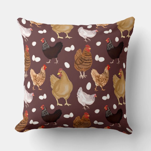 Brown Chicken and the Eggs Pattern Throw Pillow (Front)