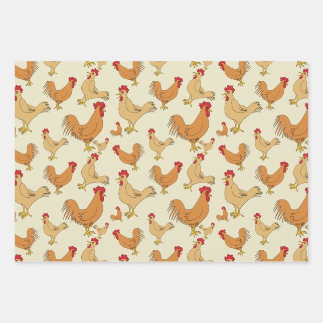 Brown Chicken Pattern Design Wrapping Paper Sheet (Front)