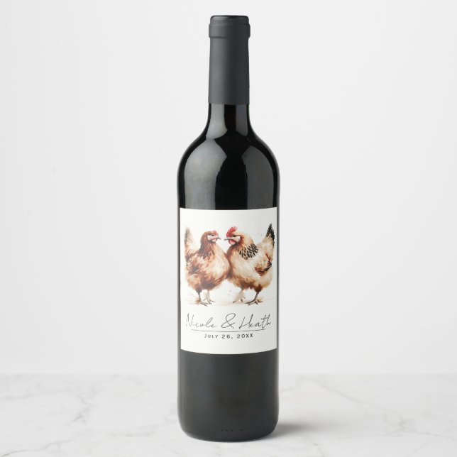 Brown Chickens Watercolor Country Wedding  Wine Label (Front)
