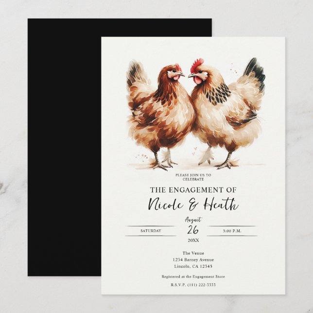 Brown Chickens Watercolor Rustic Engagement Party Invitation (Front/Back)