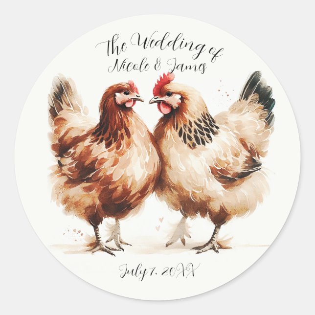 Brown Chickens Watercolor Rustic Wedding Classic Round Sticker (Front)