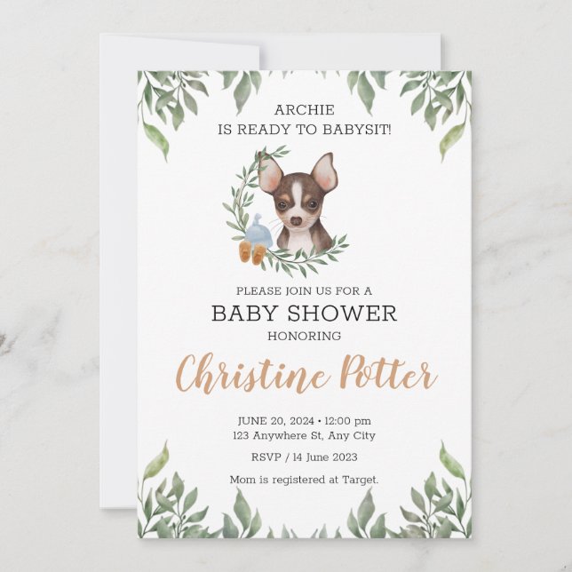 Brown Chihuahua Dog Boy Boho Greenery Baby Shower Invitation (Front)