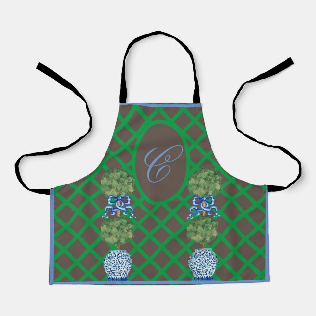 Brown Chinoiserie Garden Topiary Ginger Jar Jars   Apron (Front)