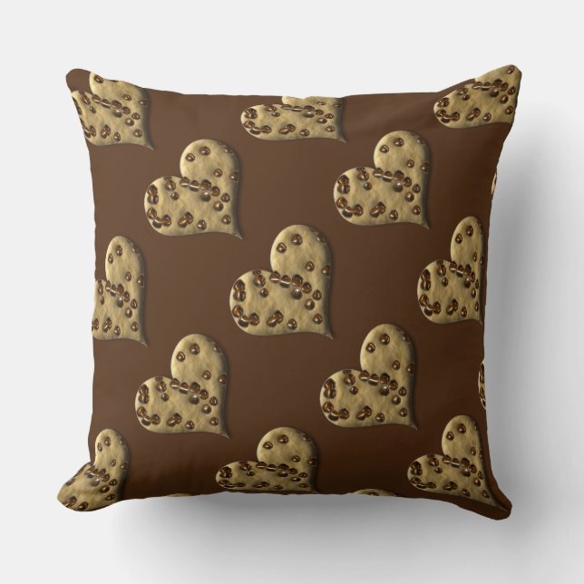 Brown Chocolate Chip Cookie Hearts Throw Pillow (Front)