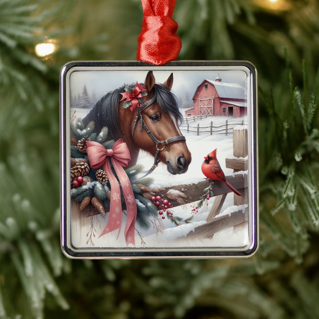 Brown Christmas Horse and Cardinal  Metal Ornament (Tree)