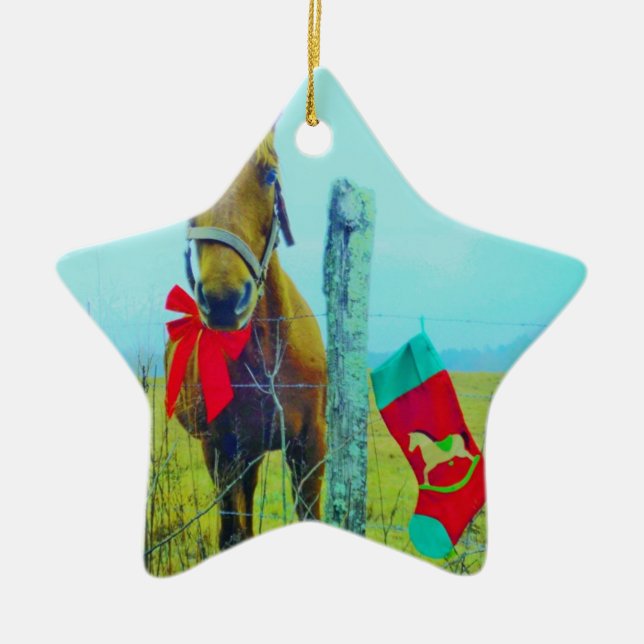 Brown Christmas Horse Ceramic Ornament (Front)