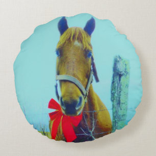 Brown Christmas Horse Round Pillow