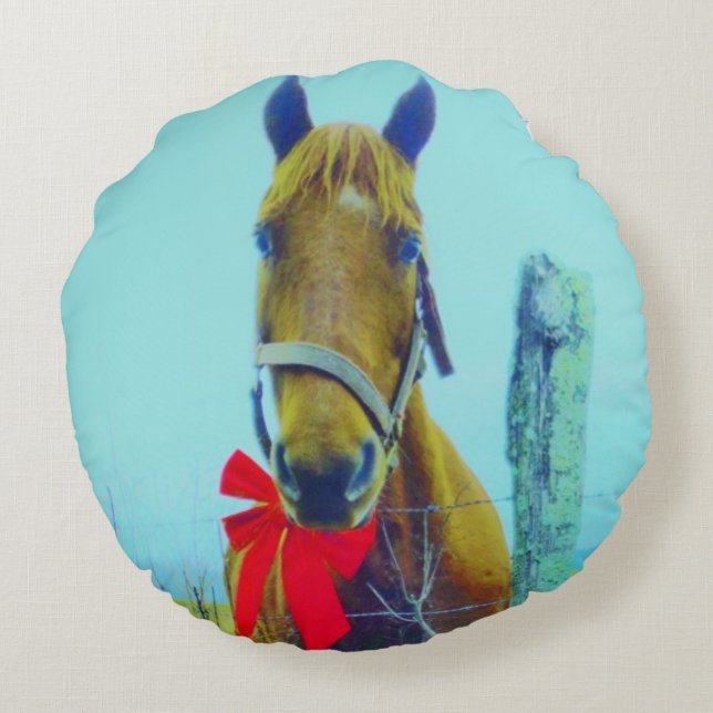 Brown Christmas Horse Round Pillow (Back)