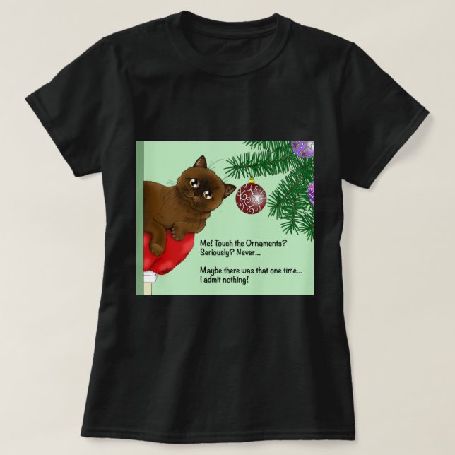Brown Christmas Ornament Cat   T-Shirt (Design Front)