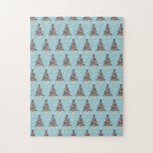 Brown Christmas Trees w/Snow and Blue Background Jigsaw Puzzle