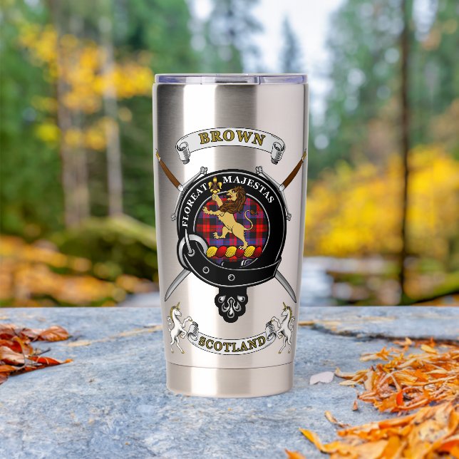 Brown Clan Badge Tartan & Swords Insulated Tumbler (Outdoor (Rotated))