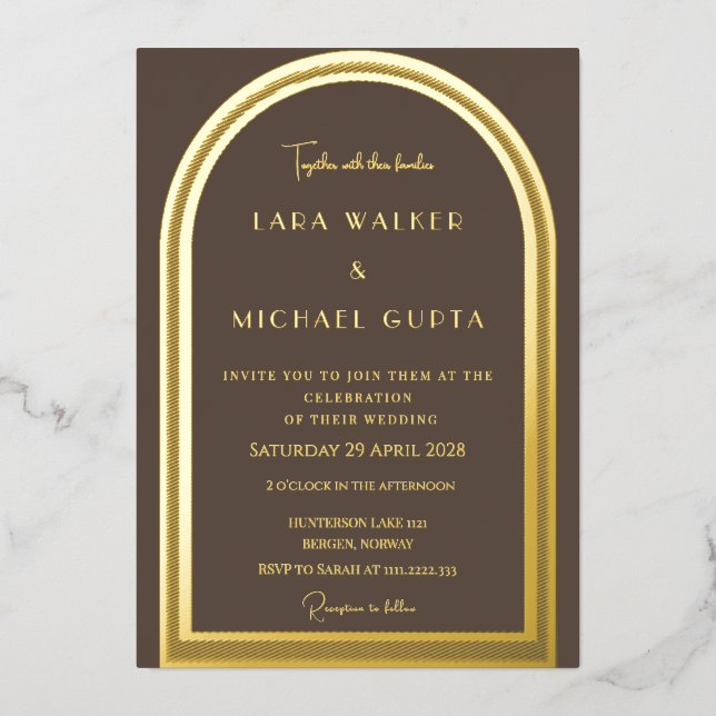 Brown Classic Arch Foil Wedding Invitation (Front)