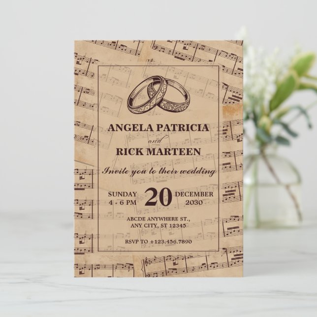 Brown classic musical notes sheet wedding  invitation (Standing Front)