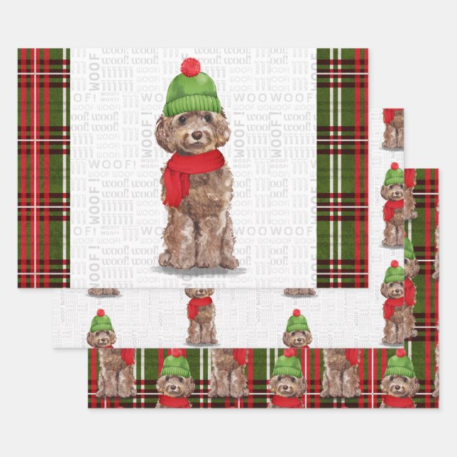 Brown Cockapoo Christmas Dog and Plaid Wrapping Paper Sheet (Set)