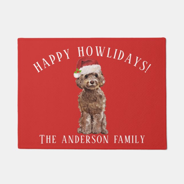 Brown Cockapoo Dog Happy Howlidays Christmas Doormat (Front)