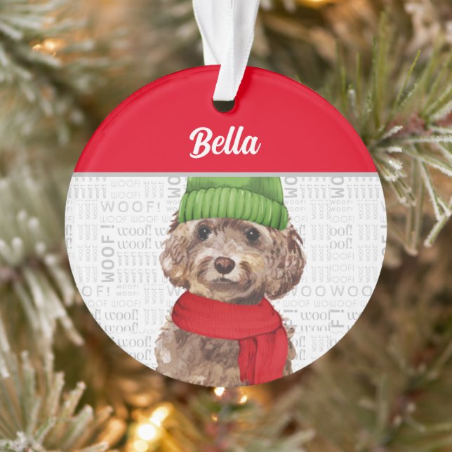 Brown Cockapoo Dog with Name and Photo Ornament (Tree)