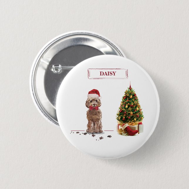 Brown Cockapoo Funny Christmas Dog and Tree 2 Inch Round Button (Front & Back)