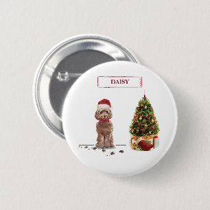 Brown Cockapoo Funny Christmas Dog and Tree 2 Inch Round Button