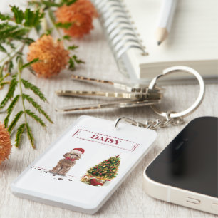 Brown Cockapoo Funny Christmas Dog and Tree Keychain