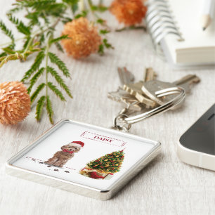 Brown Cockapoo Funny Christmas Dog and Tree Keychain