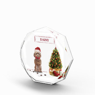 Brown Cockapoo Funny Christmas Dog and Tree Photo Block