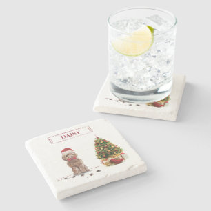 Brown Cockapoo Funny Christmas Dog and Tree Stone Coaster