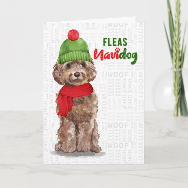 Brown Cockapoo Funny Fleas Navidog Christmas Holiday Card (Front)