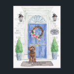 Brown Cockapoo Moving Announcement Postcard<br><div class="desc">Announce your new address with our stylish announcement featuring a Brown Cockapoo,  blue front door,  welcome mat,  slate sign,  topiaries and a floral wreath set on a grey brick background.</div>