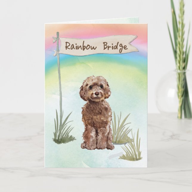 Brown Cockapoo Pet Sympathy Over Rainbow Bridge Card (Front)