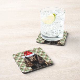Brown Cocker Spaniel Dog Holiday Plaid Christmas Coaster