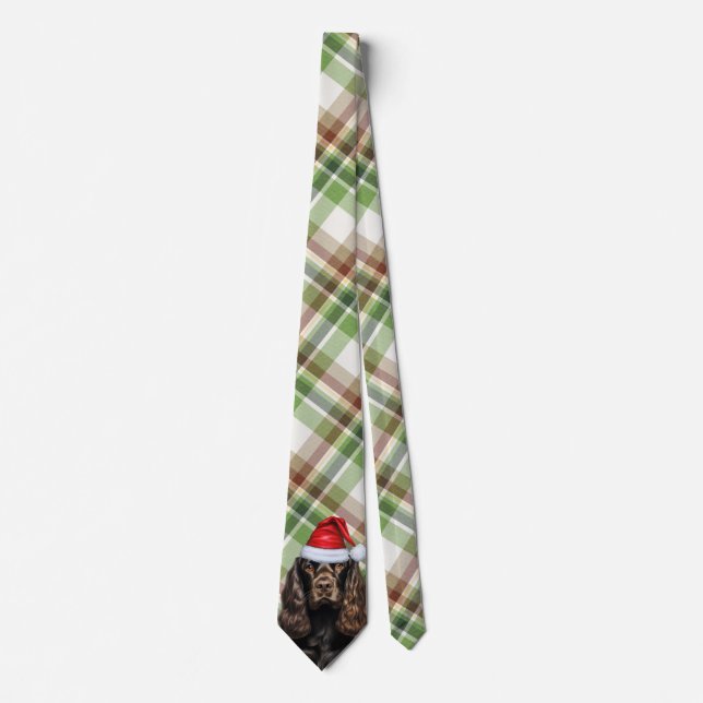 Brown Cocker Spaniel Dog with Christmas Plaid Tie (Front)