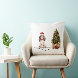 Brown Cocker Spaniel Funny Christmas Dog with Tree Throw Pillow