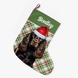 Brown Cocker Spaniel Green Plaid with Dog's Name Large Christmas Stocking