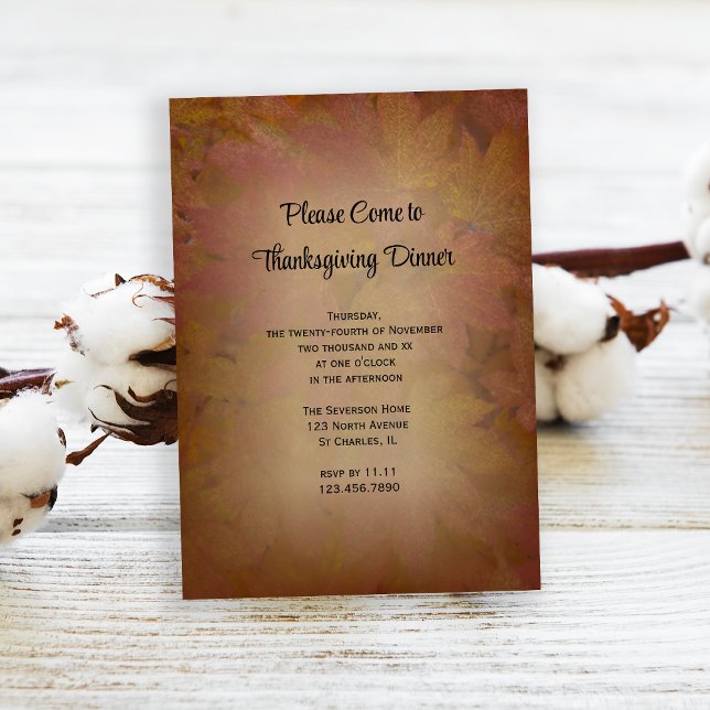 Brown Coloured Leaves Thanksgiving Dinner Invitation (Invite friends to gather and give thanks with this woodsy Thanksgiving dinner invitation.)