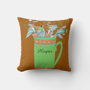 Brown Colourful Flowers In A Mug Original Design Throw Pillow