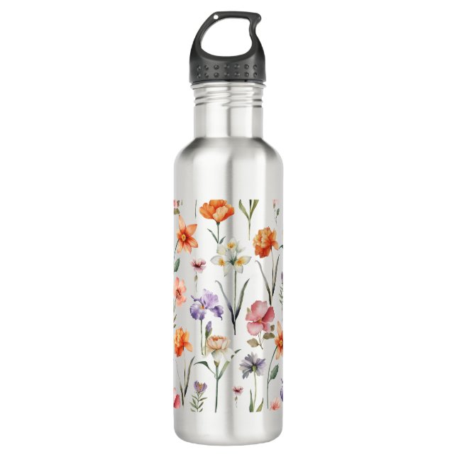 Brown Colourful Watercolor Wildflower Pattern 710 Ml Water Bottle (Front)