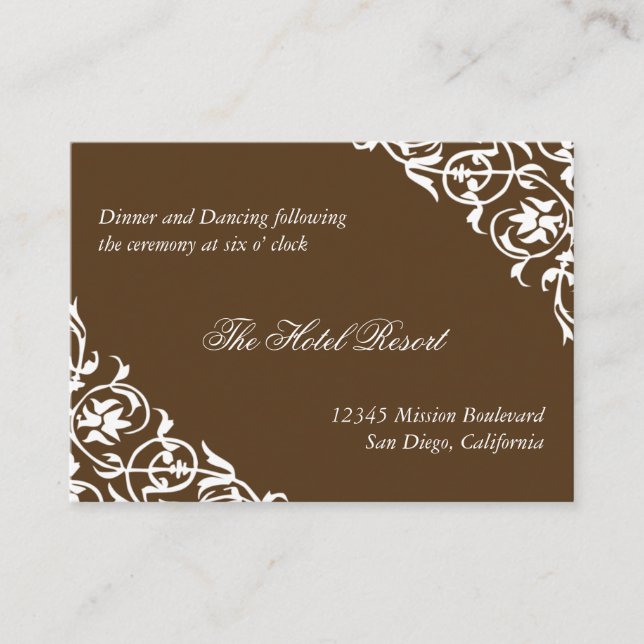 Brown corner scroll wedding reception enclosure card (Front)