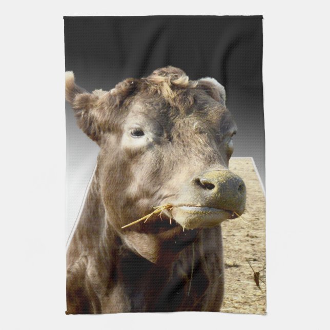 Brown Cow Munching Hay Face, Kitchen Towel (Vertical)