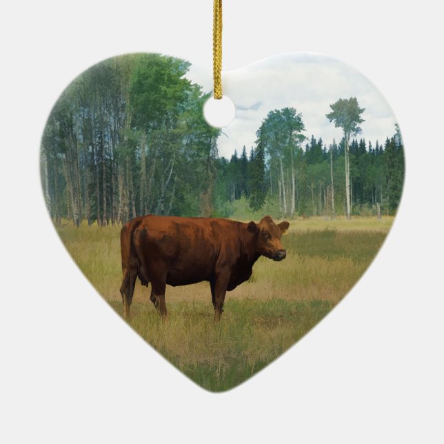 Brown Cow on a Horse and Cattle Ranch Ceramic Ornament (Back)