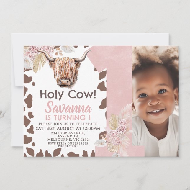 Brown Cow Print Boho Floral Holy Cow 1st Birthday  Invitation (Front)