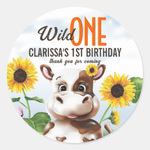 Brown Cow Sunflower Girl First Birthday Classic Round Sticker